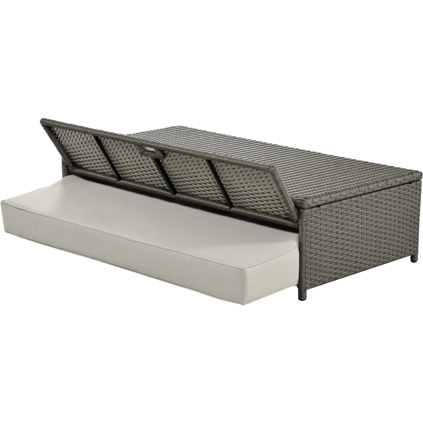 Gray Rattan Double Chaise Lounge with Adjustable Back & Storage - 2 Person Set