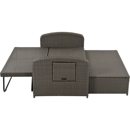 Gray Rattan Double Chaise Lounge with Adjustable Back & Storage - 2 Person Set