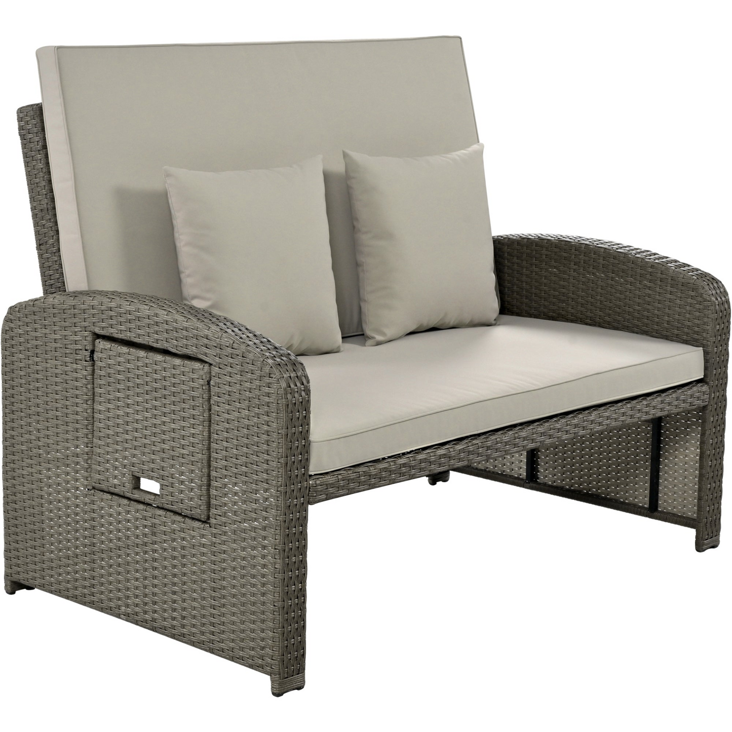 Gray Rattan Double Chaise Lounge with Adjustable Back & Storage - 2 Person Set