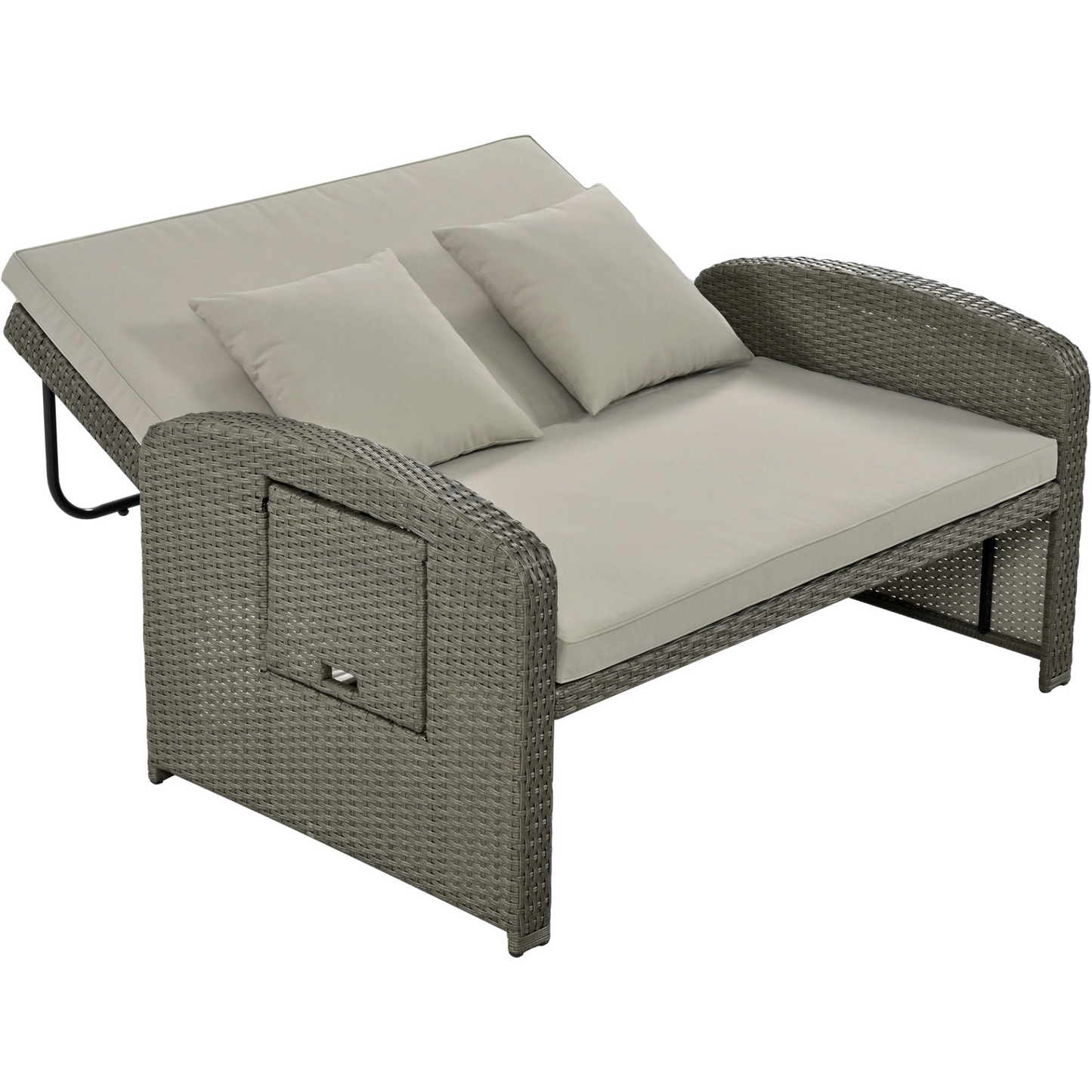 Gray Rattan Double Chaise Lounge with Adjustable Back & Storage - 2 Person Set