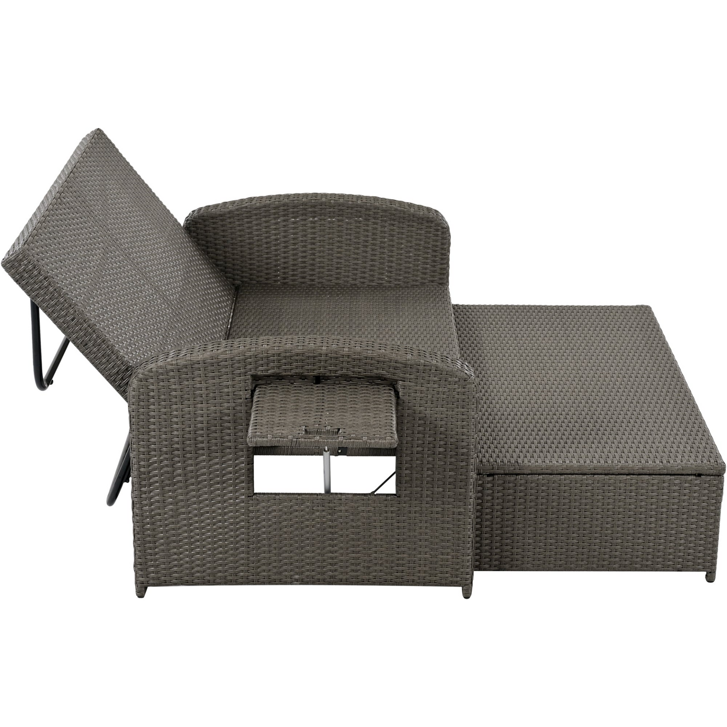 Gray Rattan Double Chaise Lounge with Adjustable Back & Storage - 2 Person Set