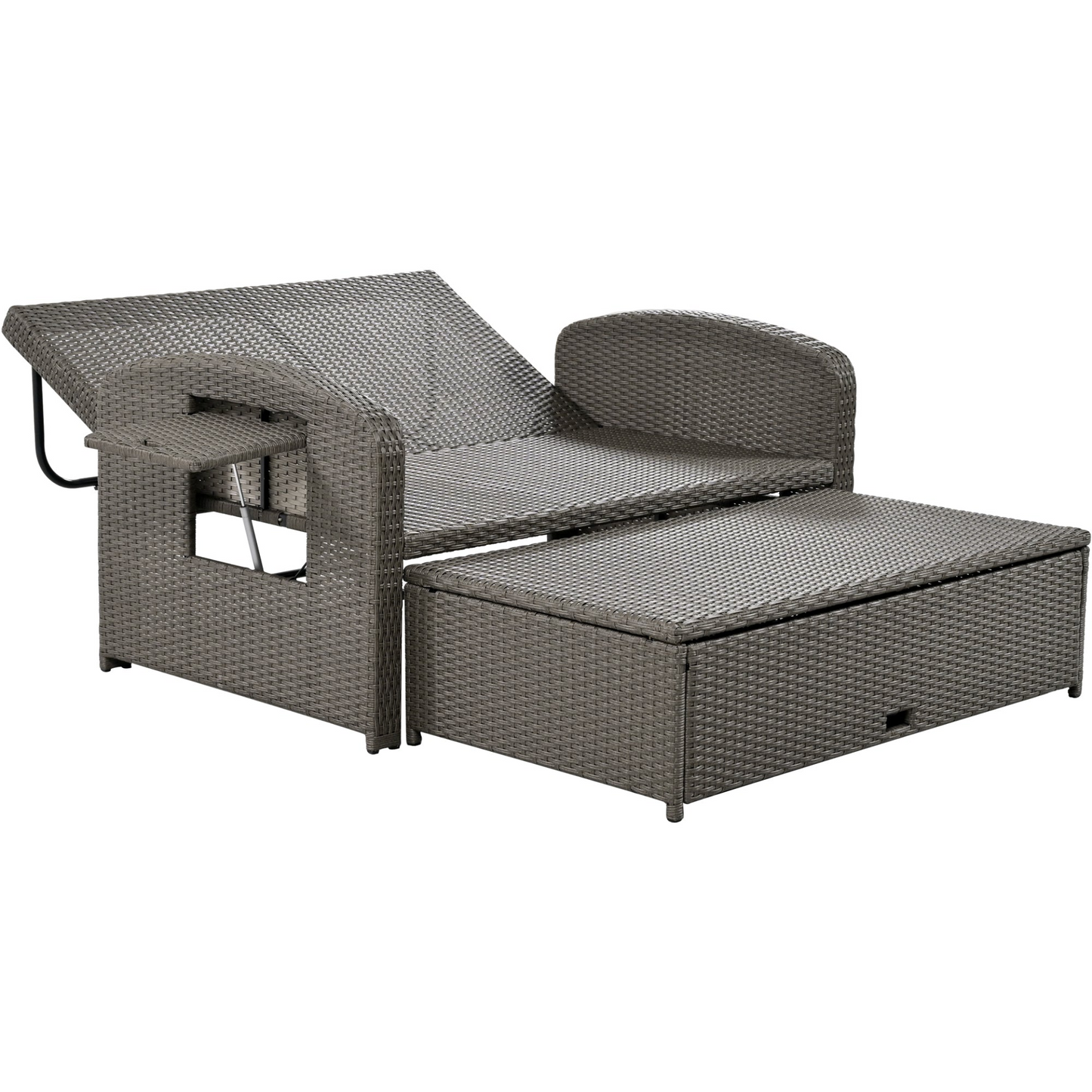 Gray Rattan Double Chaise Lounge with Adjustable Back & Storage - 2 Person Set