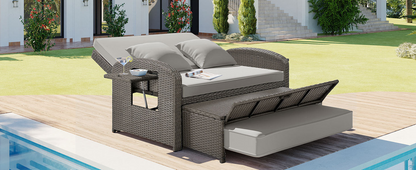 Gray Rattan Double Chaise Lounge with Adjustable Back & Storage - 2 Person Set