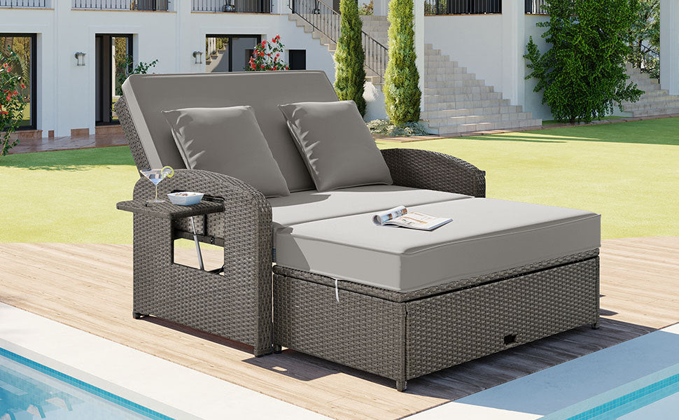 Gray Rattan Double Chaise Lounge with Adjustable Back & Storage - 2 Person Set