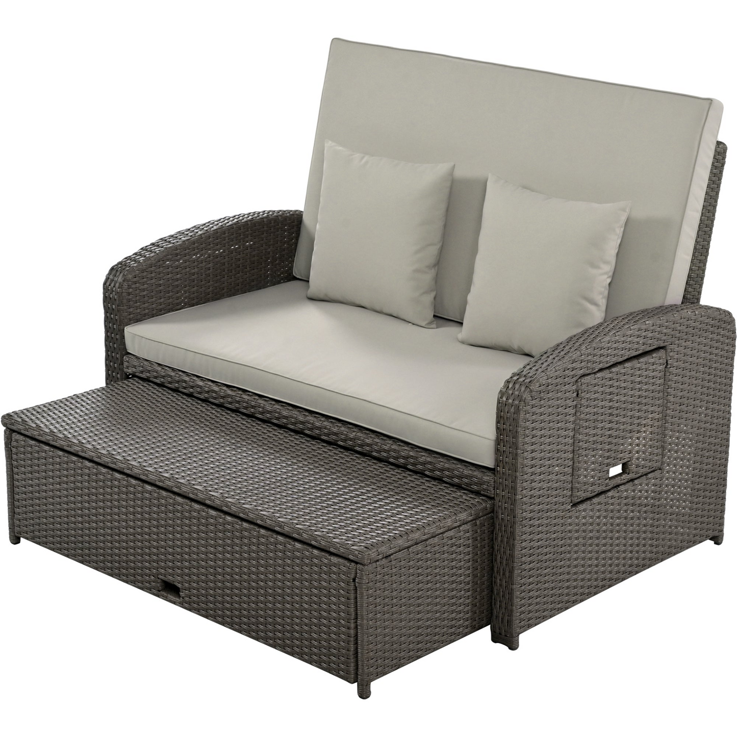 Gray Rattan Double Chaise Lounge with Adjustable Back & Storage - 2 Person Set