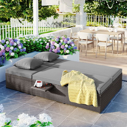 Outdoor Double Sunbed, Wicker Rattan Patio Reclining Chairs - Gray