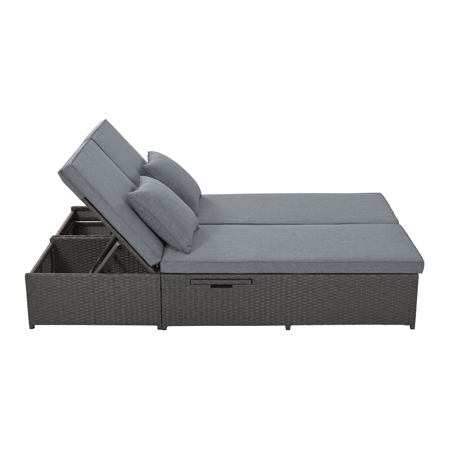 Outdoor Double Sunbed, Wicker Rattan Patio Reclining Chairs - Gray