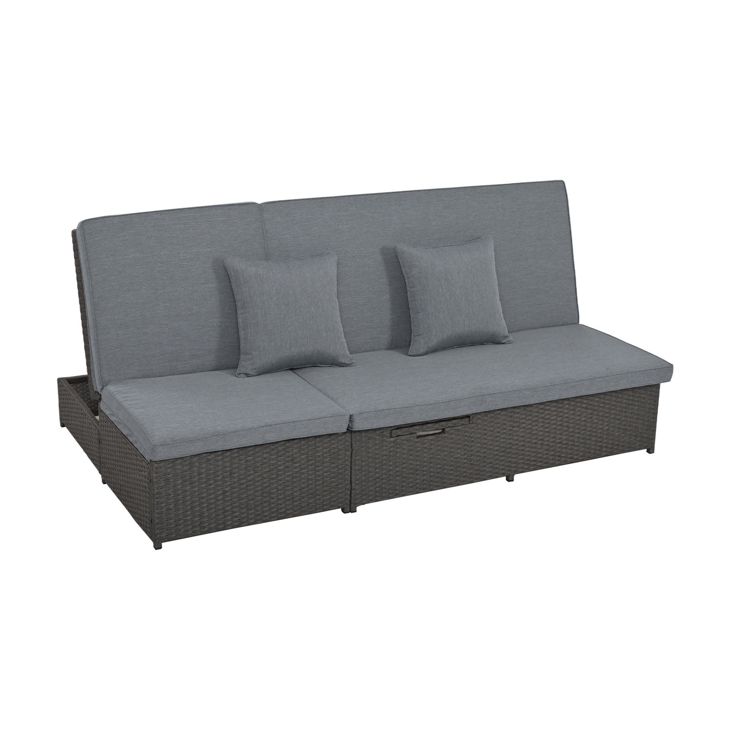 Outdoor Double Sunbed, Wicker Rattan Patio Reclining Chairs - Gray