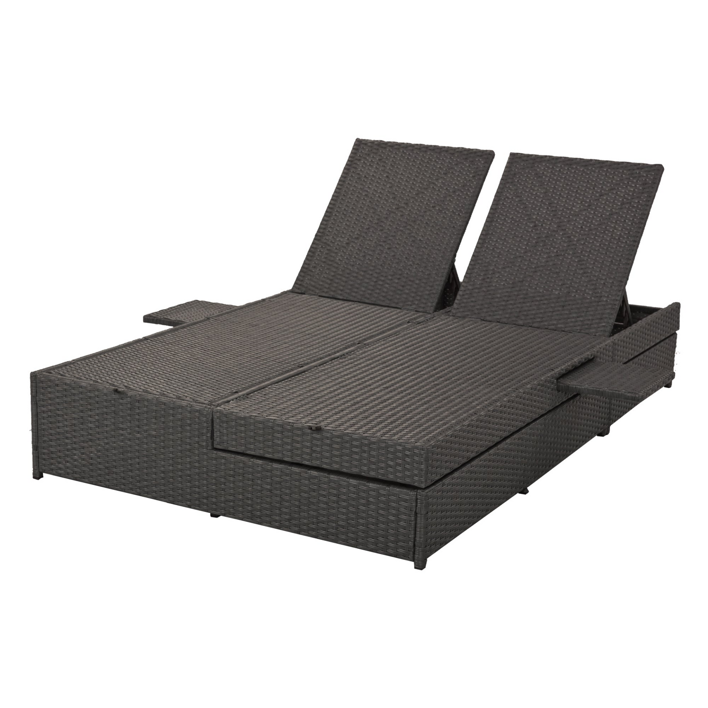 Outdoor Double Sunbed, Wicker Rattan Patio Reclining Chairs - Gray