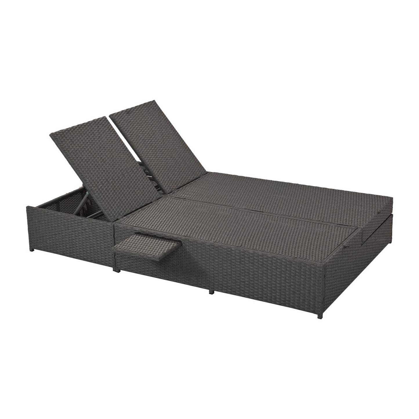 Outdoor Double Sunbed, Wicker Rattan Patio Reclining Chairs - Gray