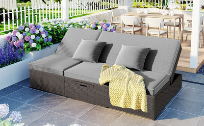 Outdoor Double Sunbed, Wicker Rattan Patio Reclining Chairs - Gray