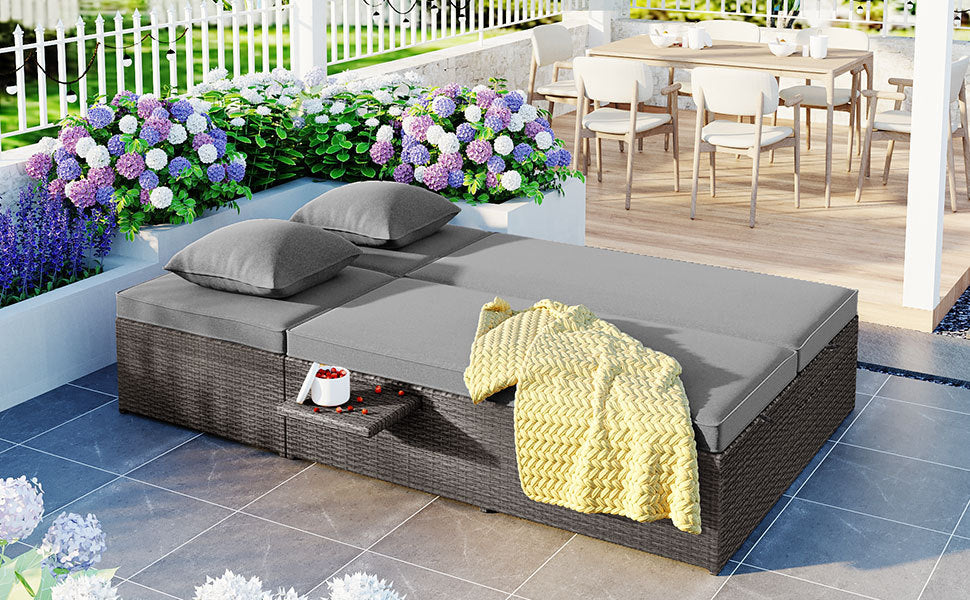 Outdoor Double Sunbed, Wicker Rattan Patio Reclining Chairs - Gray