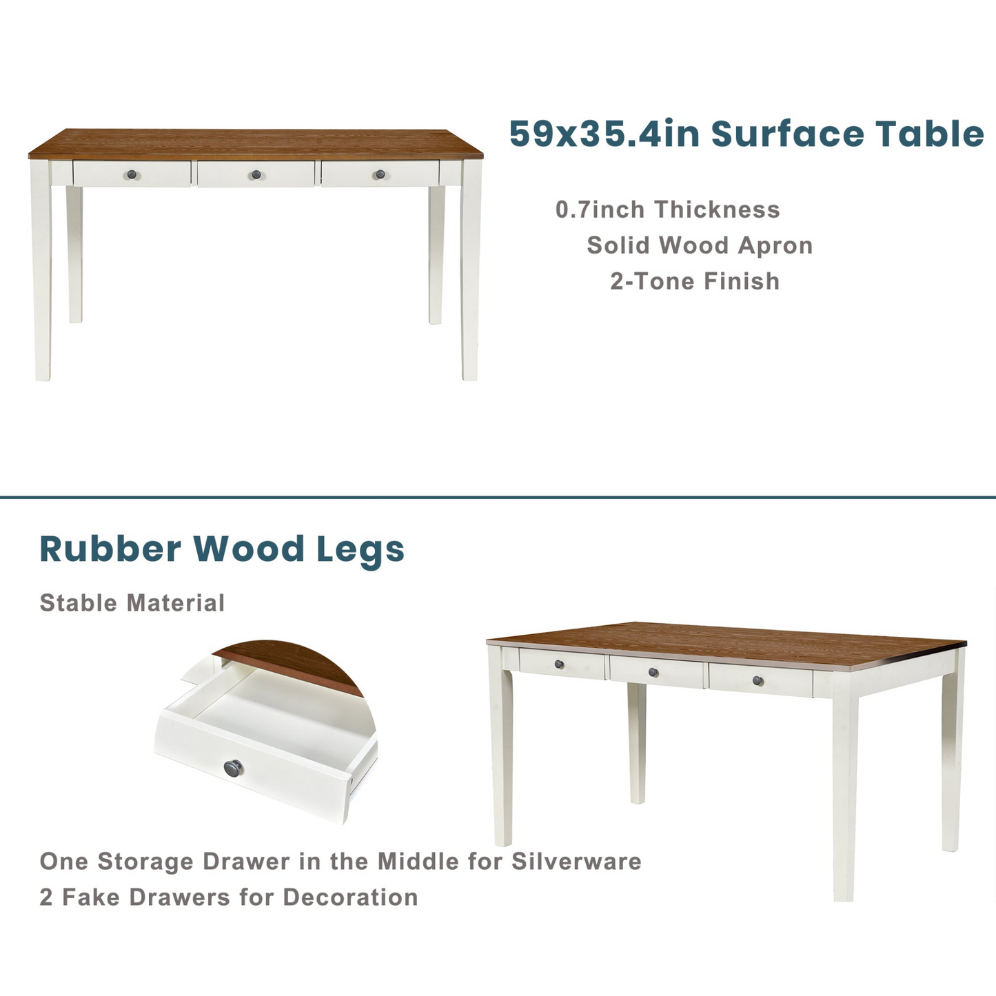 Mid-Century 6-Piece Wood Dining Table Set, Kitchen Table Set with Drawer, Upholstered Chairs and Bench, Butter Milk