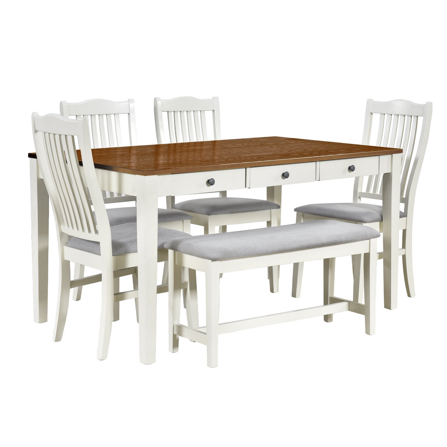 Mid-Century 6-Piece Wood Dining Table Set, Kitchen Table Set with Drawer, Upholstered Chairs and Bench, Butter Milk