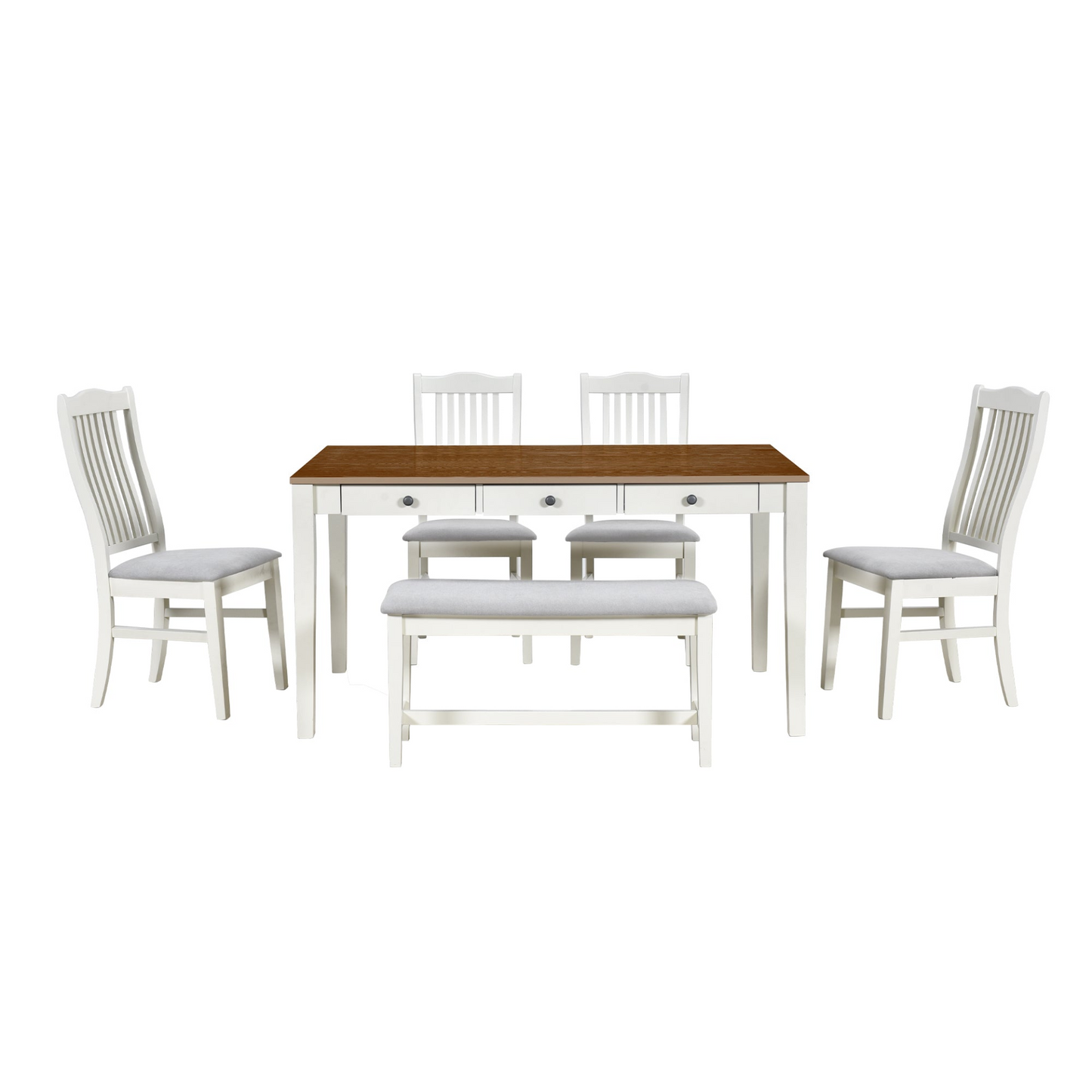 Mid-Century 6-Piece Wood Dining Table Set, Kitchen Table Set with Drawer, Upholstered Chairs and Bench, Butter Milk