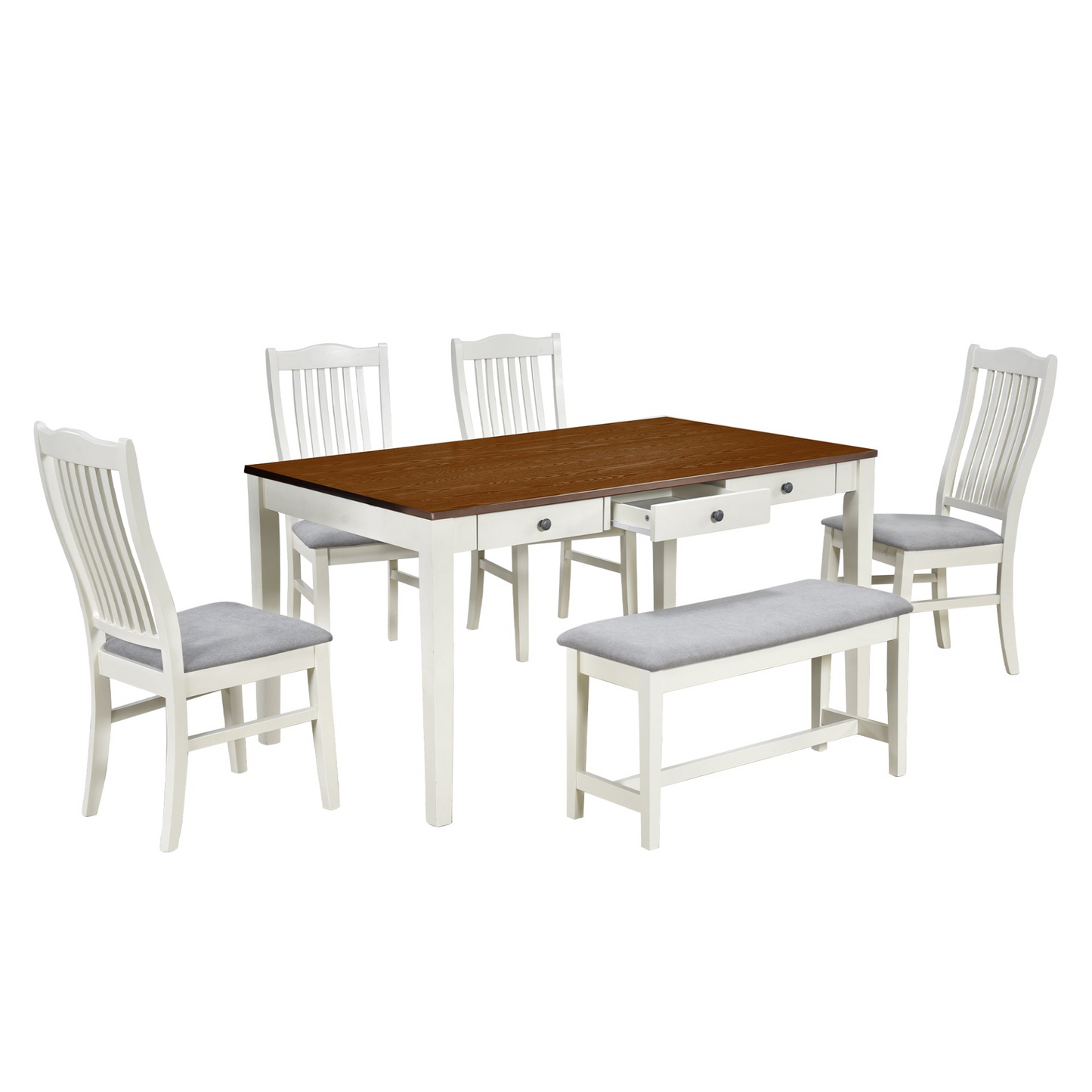 Mid-Century 6-Piece Wood Dining Table Set, Kitchen Table Set with Drawer, Upholstered Chairs and Bench, Butter Milk