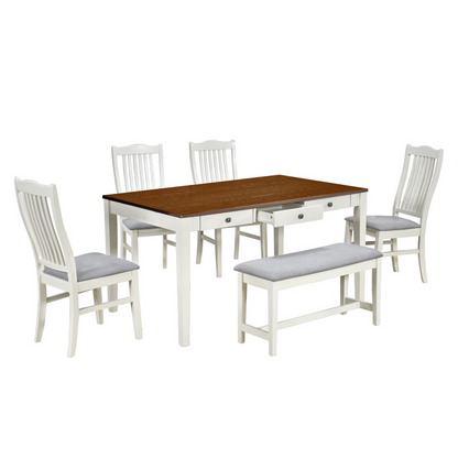 Mid-Century 6-Piece Wood Dining Table Set, Kitchen Table Set with Drawer, Upholstered Chairs and Bench, Butter Milk