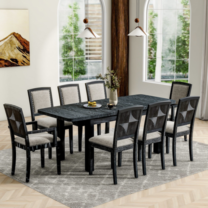 Rustic Extendable 84inch Dining Table Set with 24inch Removable Leaf , 6 Upholstered Armless Dining Chairs and 2 Padded Arm Chairs, 9 Pieces, Black