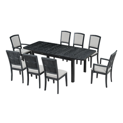 Rustic Extendable 84inch Dining Table Set with 24inch Removable Leaf , 6 Upholstered Armless Dining Chairs and 2 Padded Arm Chairs, 9 Pieces, Black