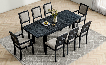 Rustic Extendable 84inch Dining Table Set with 24inch Removable Leaf , 6 Upholstered Armless Dining Chairs and 2 Padded Arm Chairs, 9 Pieces, Black