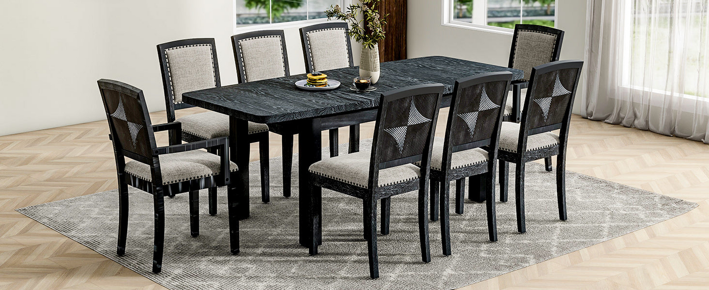 Rustic Extendable 84inch Dining Table Set with 24inch Removable Leaf , 6 Upholstered Armless Dining Chairs and 2 Padded Arm Chairs, 9 Pieces, Black