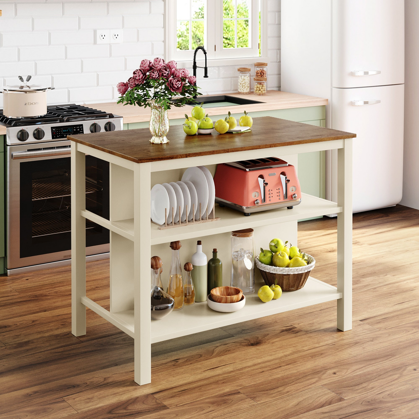 Solid Wood Rustic 45" Stationary Kitchen Island with 2 Open Shelves, Walnut+Cream White