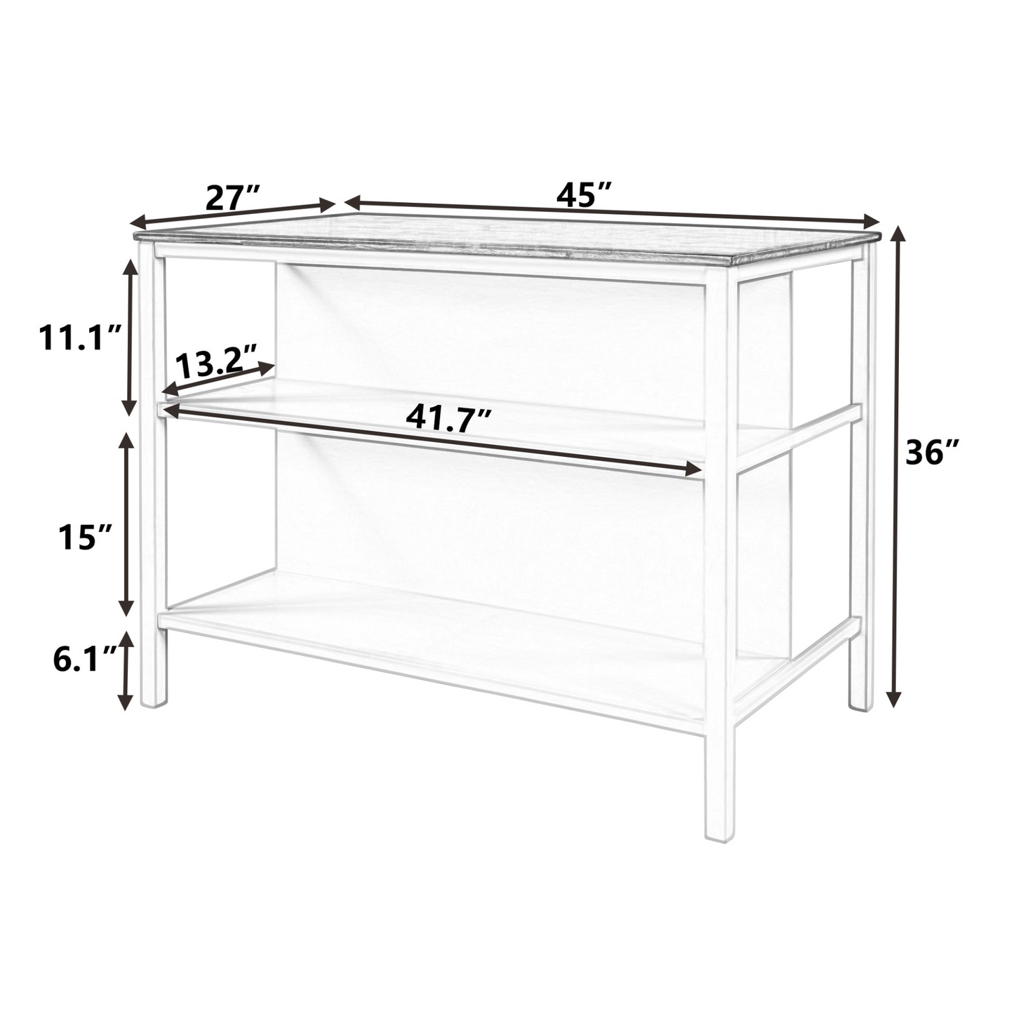 Solid Wood Rustic 45" Stationary Kitchen Island with 2 Open Shelves, Walnut+Cream White