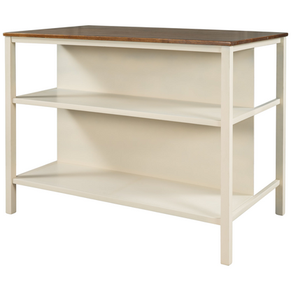 Solid Wood Rustic 45" Stationary Kitchen Island with 2 Open Shelves, Walnut+Cream White