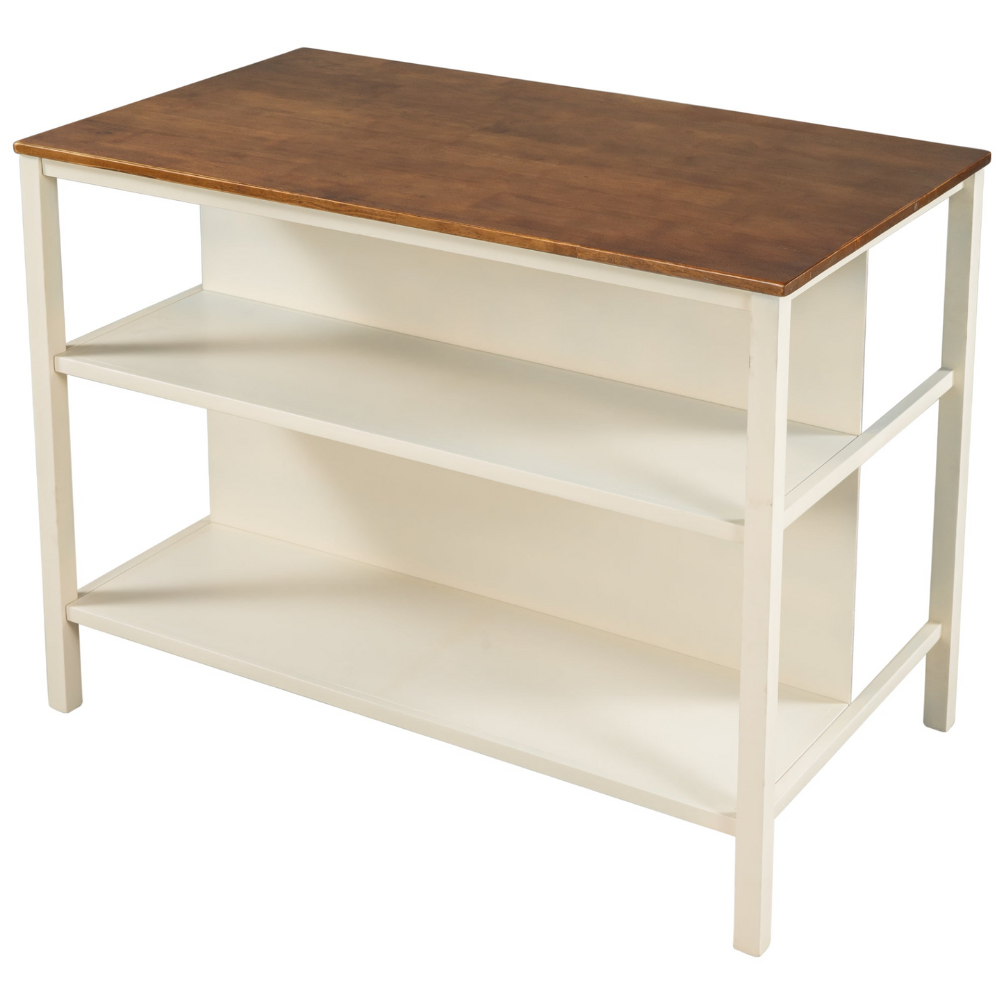 Solid Wood Rustic 45" Stationary Kitchen Island with 2 Open Shelves, Walnut+Cream White