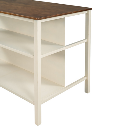 Solid Wood Rustic 45" Stationary Kitchen Island with 2 Open Shelves, Walnut+Cream White