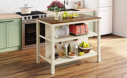 Solid Wood Rustic 45" Stationary Kitchen Island with 2 Open Shelves, Walnut+Cream White