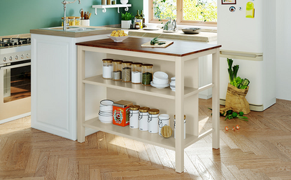 Solid Wood Rustic 45" Stationary Kitchen Island with 2 Open Shelves, Walnut+Cream White