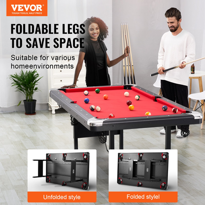 VEVOR Billiards Table, 6.3 ft Pool Table, Portable Foldable Space-Saving Table, Billiard Table Set Includes Balls, Cues, Chalks and Brush, Black with Red Cloth, Perfect for Family Game Room Kid Adult