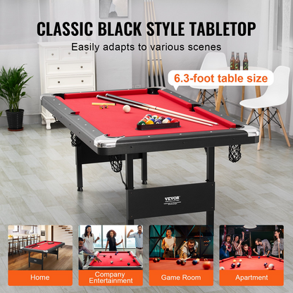 VEVOR Billiards Table, 6.3 ft Pool Table, Portable Foldable Space-Saving Table, Billiard Table Set Includes Balls, Cues, Chalks and Brush, Black with Red Cloth, Perfect for Family Game Room Kid Adult