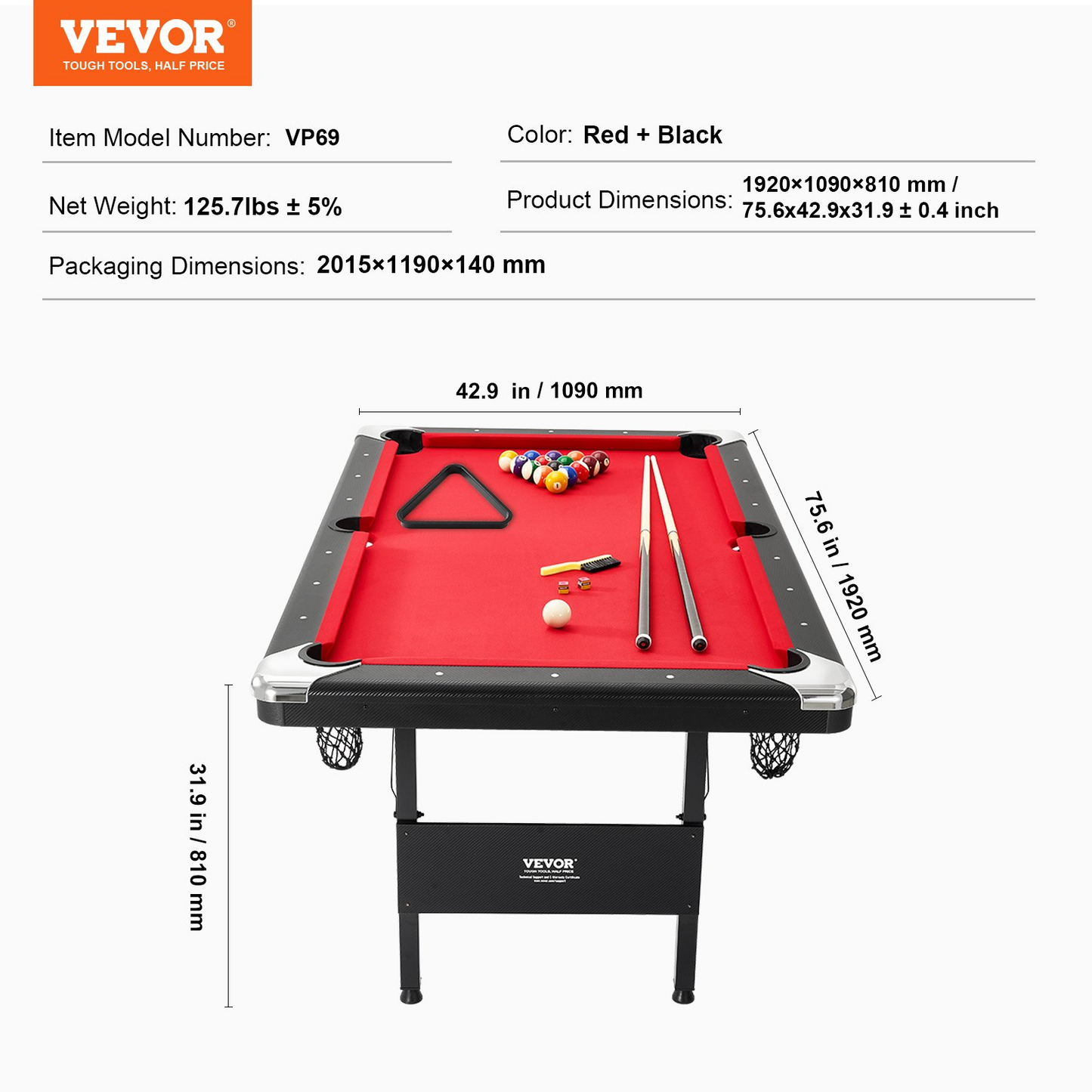 VEVOR Billiards Table, 6.3 ft Pool Table, Portable Foldable Space-Saving Table, Billiard Table Set Includes Balls, Cues, Chalks and Brush, Black with Red Cloth, Perfect for Family Game Room Kid Adult