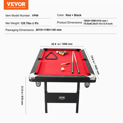 VEVOR Billiards Table, 6.3 ft Pool Table, Portable Foldable Space-Saving Table, Billiard Table Set Includes Balls, Cues, Chalks and Brush, Black with Red Cloth, Perfect for Family Game Room Kid Adult