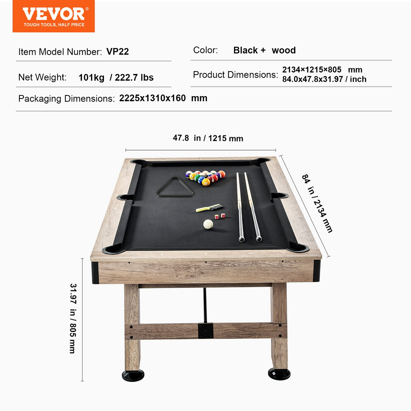 VEVOR Billiards Table, 7 ft Pool Table, Adjust Legs Stable Billiards Table, Pool Table Set Includes Balls, Cues, Chalks and Brush, Wood Color with Black Cloth, Perfect for Family Game Room Kids Adults