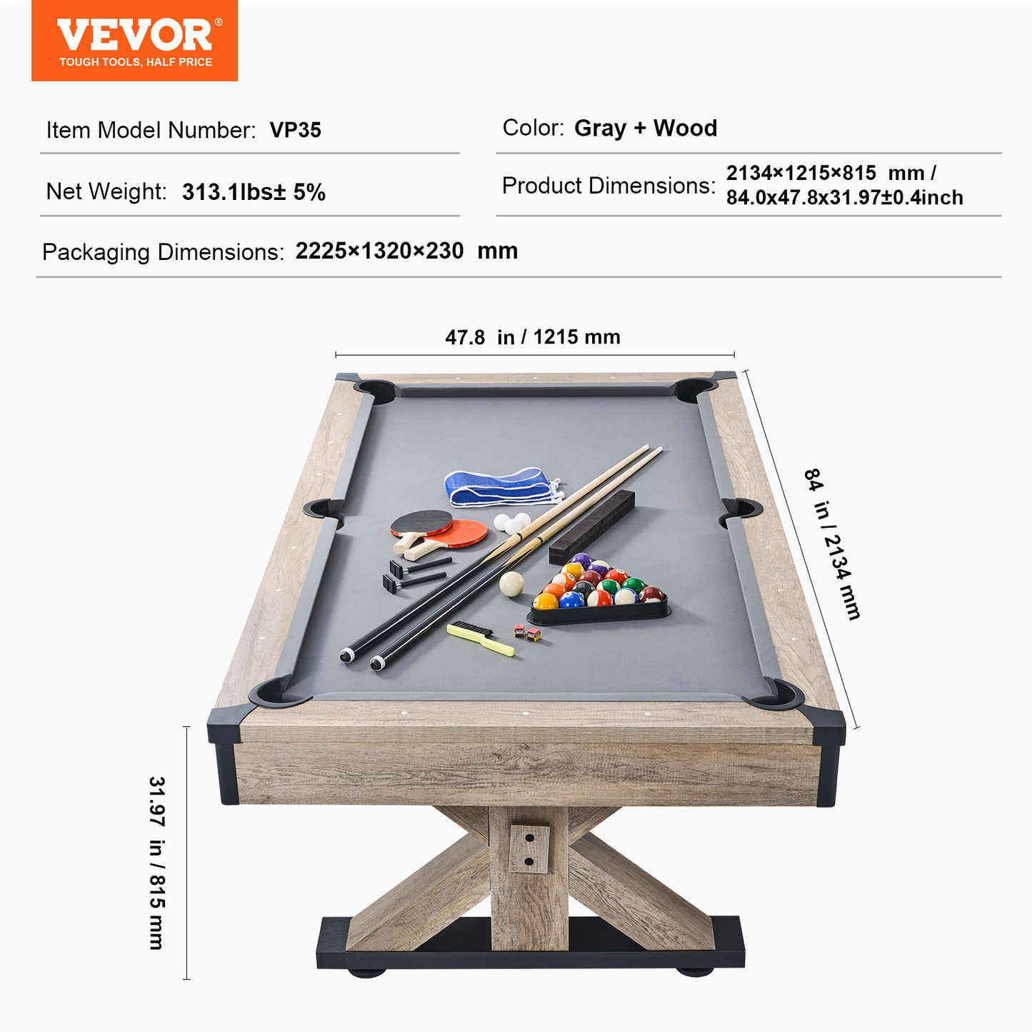 VEVOR Billiards Table Combo Set, 7ft 3-in-1 Multi Game Table with Dining, Pool, and Tennis Table, Includes Full Set of Accessories, Wood Color with Grey Cloth, Perfect for Family Game Room Kids Adults