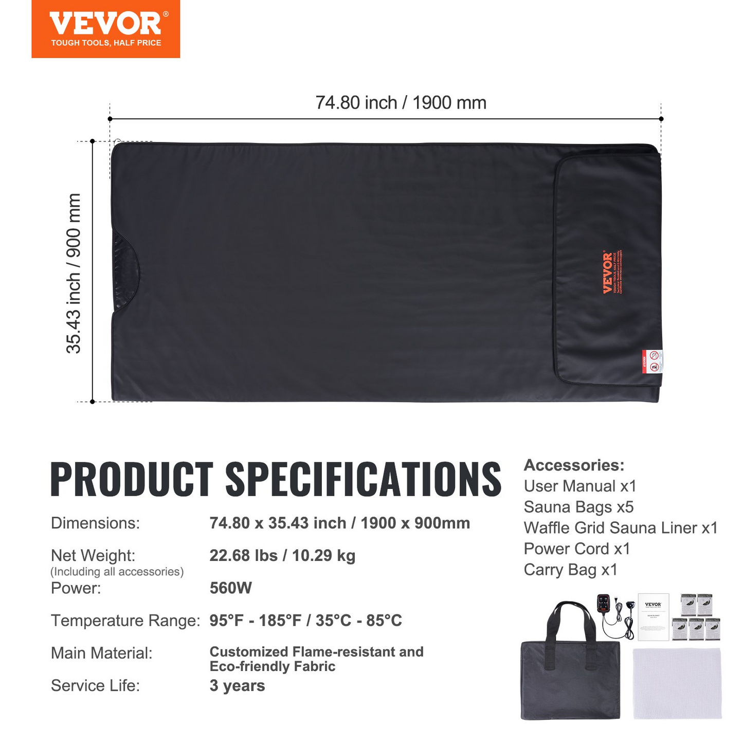 VEVOR Sauna Blanket for Detoxification, Portable Far Infrared Sauna for Home, PU Sauna Bag w/  Therapy Stones & Carbon Fiber Heating, 1-6 Level Adjustable Temp 95-185℉, 1-60 Minutes Timer, 75 x 35in