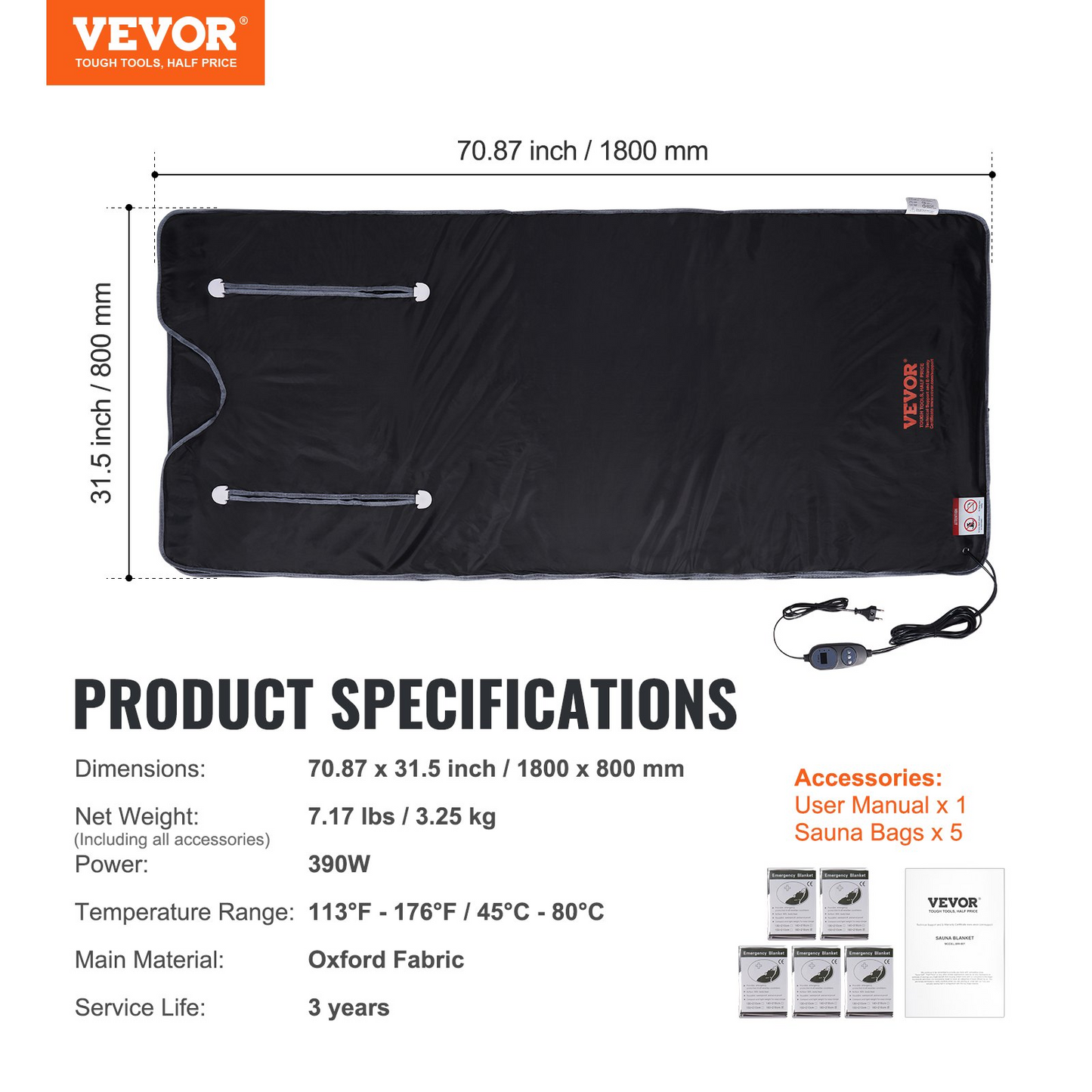 VEVOR Sauna Blanket for Detoxification, Portable Far Infrared Sauna for Home, Oxford Sauna Bag w/ Arm Holes & Carbon Fiber Heating, 1-6 Level Adjustable Temp 95-176℉, 5-60 Minutes Timer, 71 x 31 in