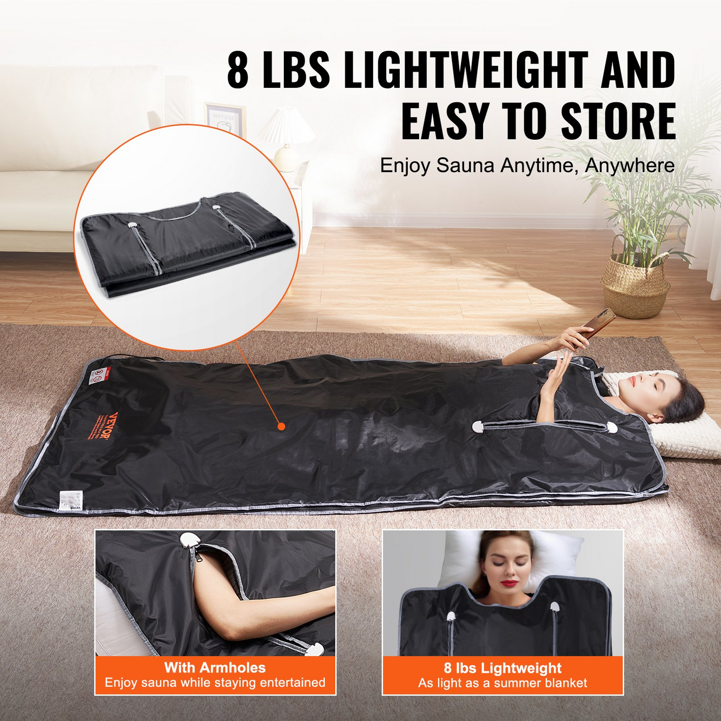 VEVOR Sauna Blanket for Detoxification, Portable Far Infrared Sauna for Home, Oxford Sauna Bag w/ Arm Holes & Carbon Fiber Heating, 1-6 Level Adjustable Temp 95-176℉, 5-60 Minutes Timer, 75 x 35 in