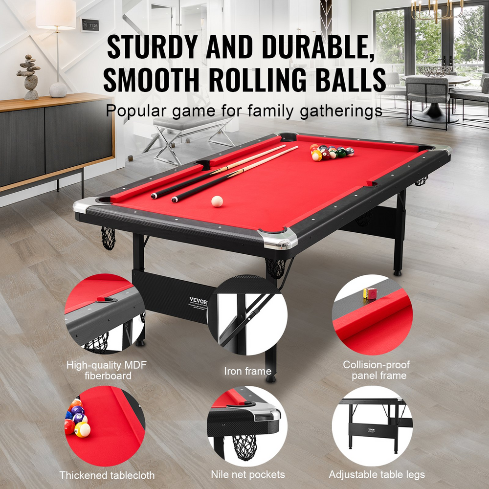 VEVOR Billiards Table, 7 ft Pool Table | Space-Saving, Portable, Foldable | Includes Accessories | Red & Black
