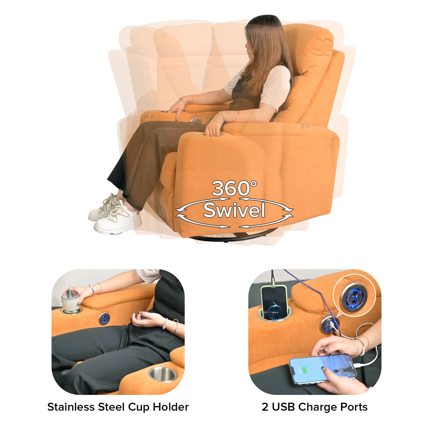 Swivel Rocking Recliner Sofa Chair with USB Charge Port & Cup Holder - Light Orange