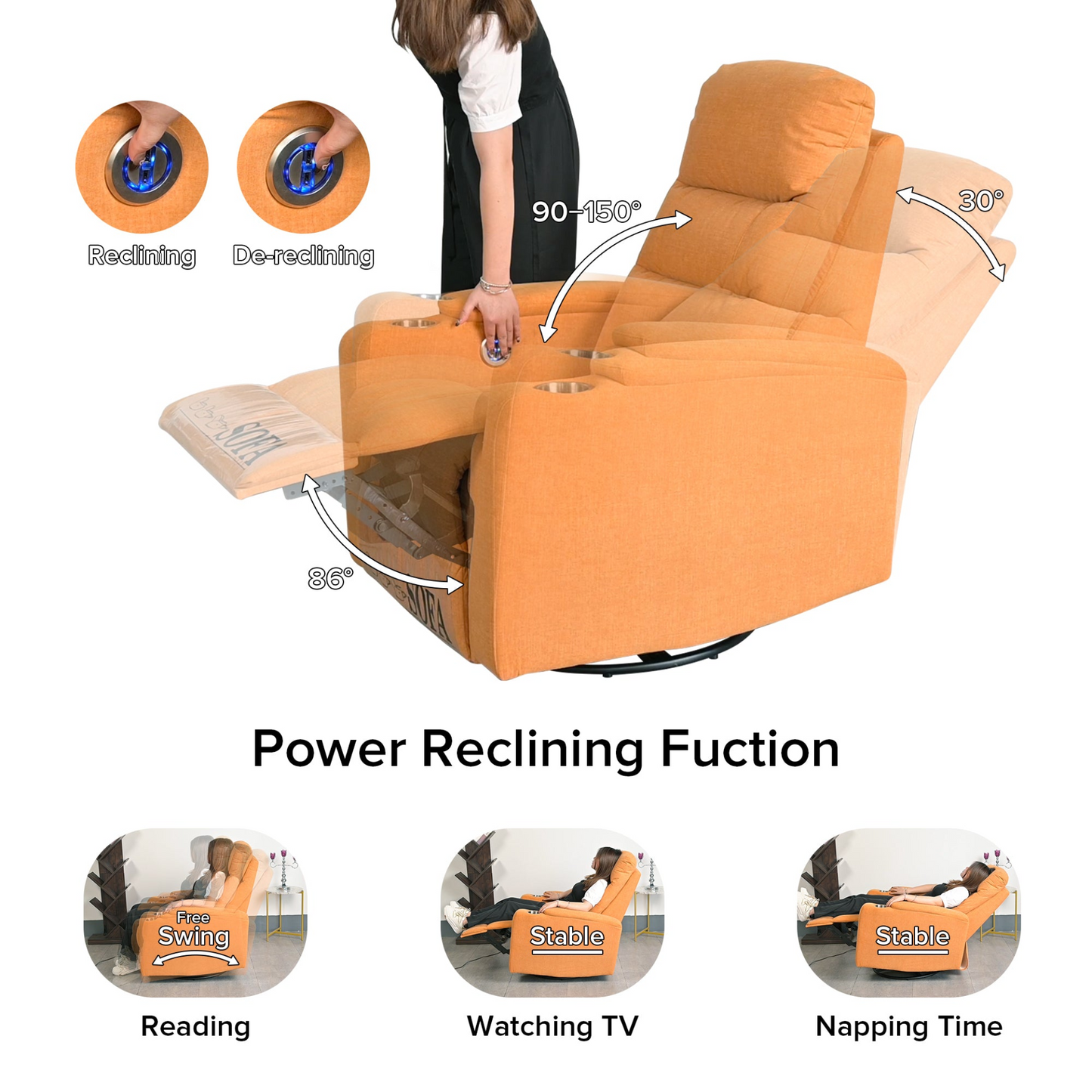 Swivel Rocking Recliner Sofa Chair with USB Charge Port & Cup Holder - Light Orange