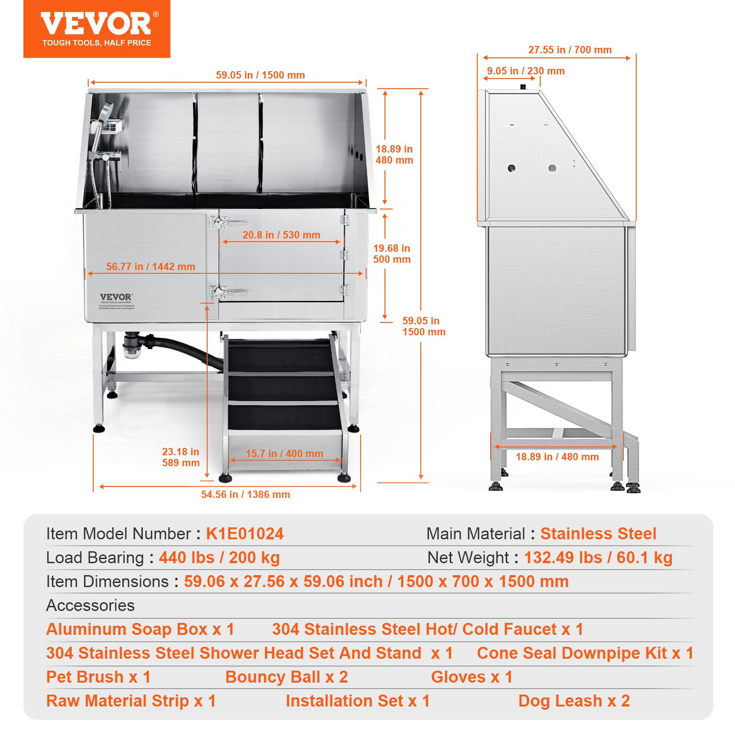 VEVOR 62" Pet Dog Bathing Station w/Ramp, Professional Stainless Steel Dog Grooming Tub w/ Soap Box, Faucet,Rich Accessory,Bathtub for Large,Medium,Small Pet, Washing Sink for Home(Right)