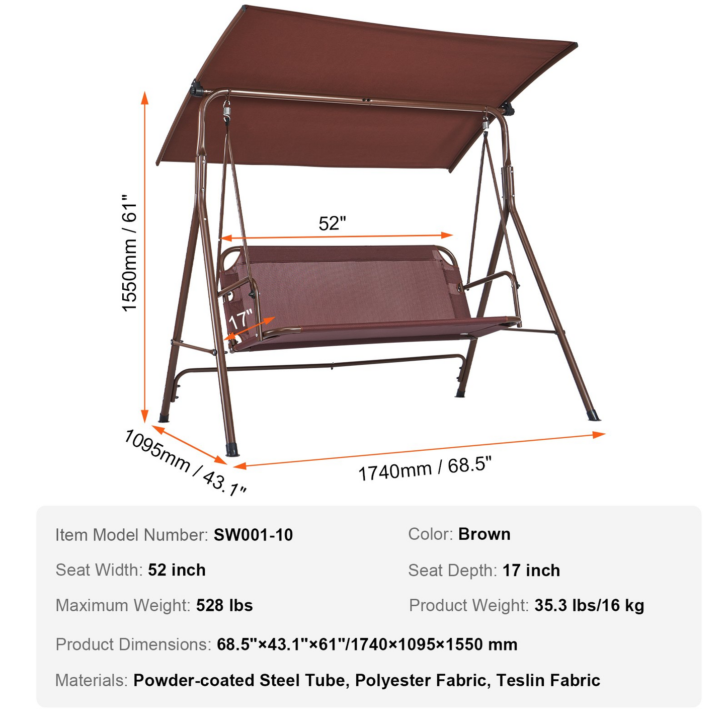 VEVOR 3-Person Patio Swing Chair with Adjustable Canopy & Armrests