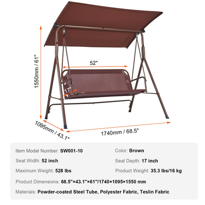 VEVOR 3-Person Patio Swing Chair with Adjustable Canopy & Armrests