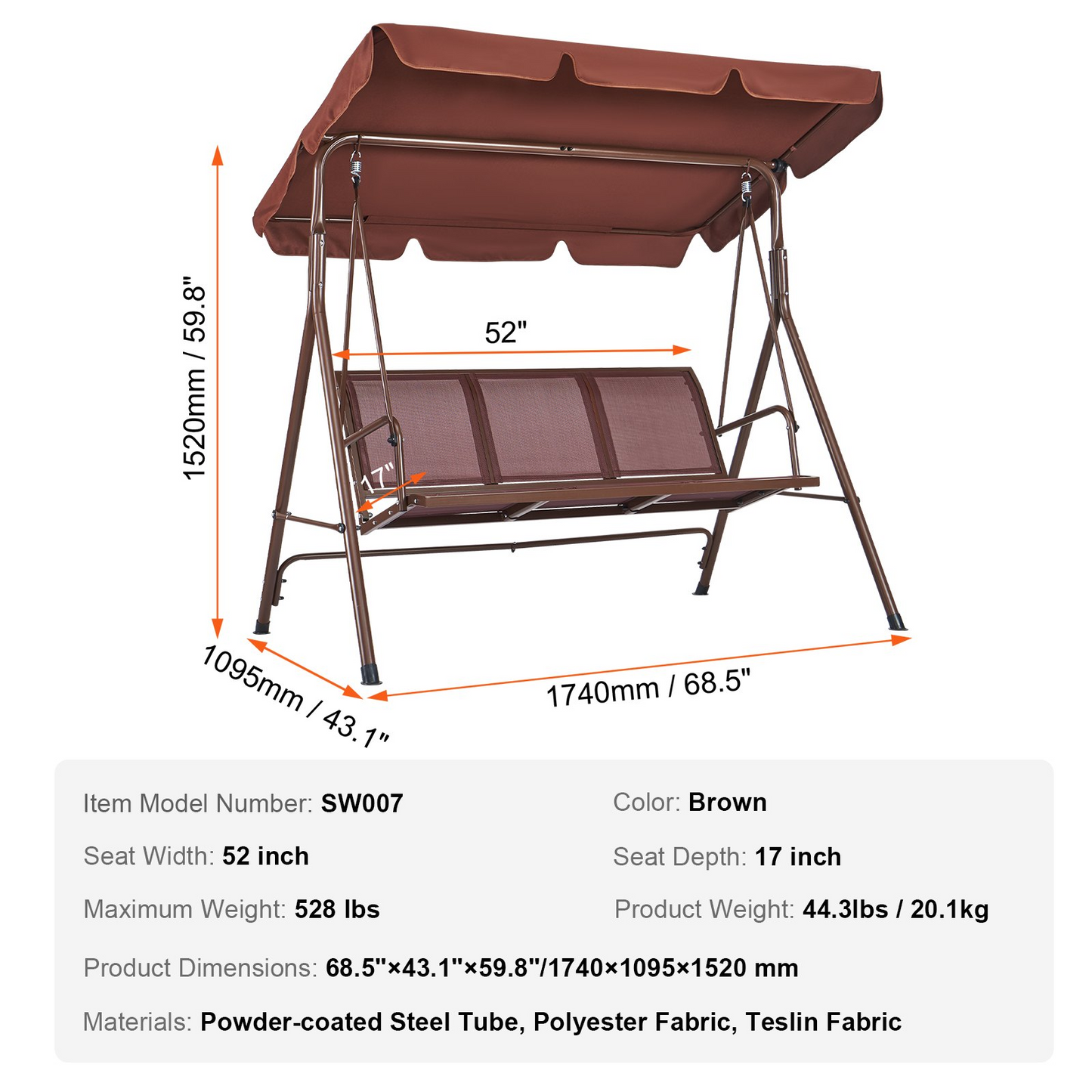 VEVOR 3-Seat Patio Swing Chair | Adjustable Canopy Outdoor Swing