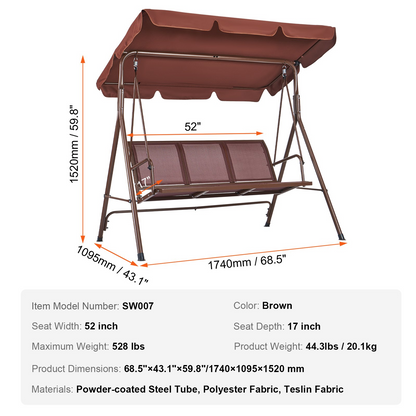 VEVOR 3-Seat Patio Swing Chair | Adjustable Canopy Outdoor Swing