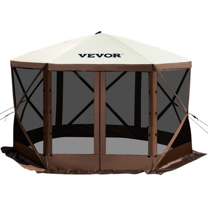 VEVOR Camping Gazebo Screen Tent, 12*12ft, 6 Sided Pop-up Canopy Shelter Tent with Mesh Windows, Portable Carry Bag, Stakes, Large Shade Tents for Outdoor Camping, Lawn and Backyard, Brown/Beige